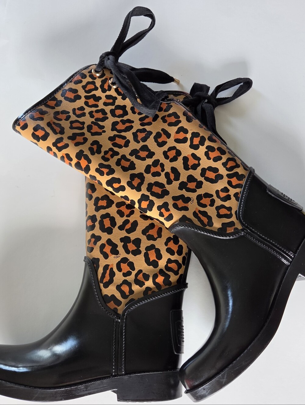 Coach Tristee Leopard Print Waterproof Rubber Matte Tall Lace Up Rain Boots 6